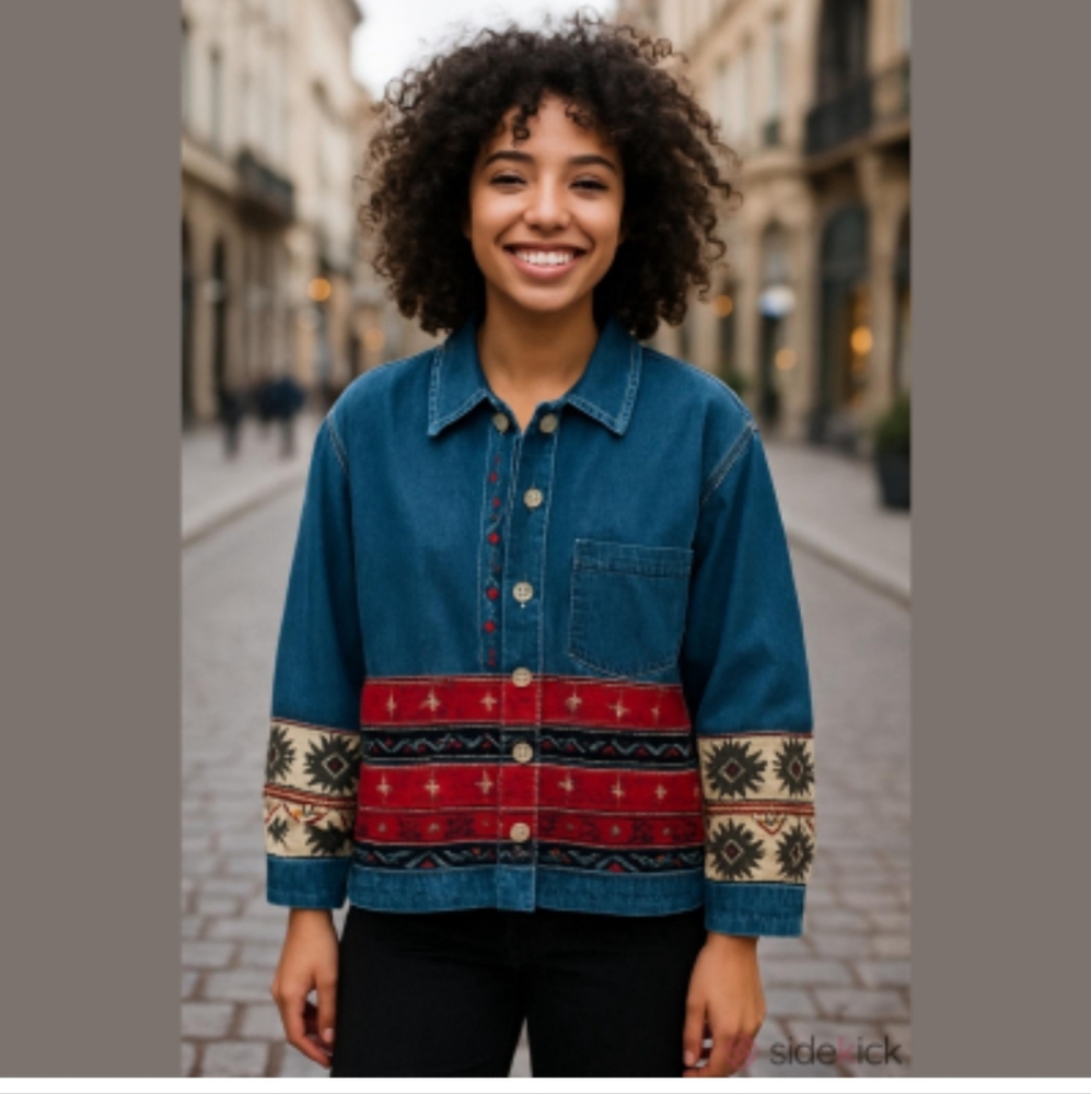 Colorful Denim Tribual Vibe Jacket with Patterned Trim - Picture 10 of 10